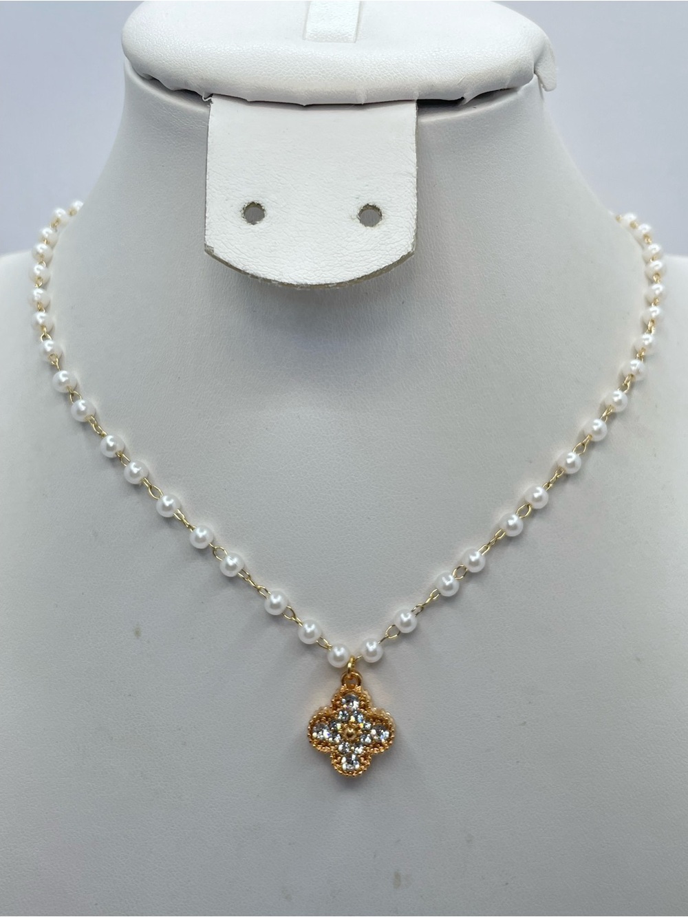 Gold Faux Pearl White Crystal Clover Pendant Necklace Romantic Chic Timeless